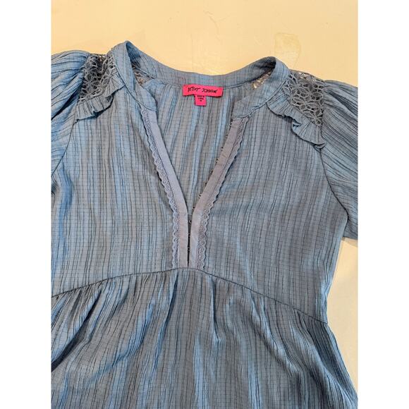 Betsey Johnson Blue Textured Cotton Dress M | Cottagecore Puff Sleeve Boho - Picture 7 of 10
